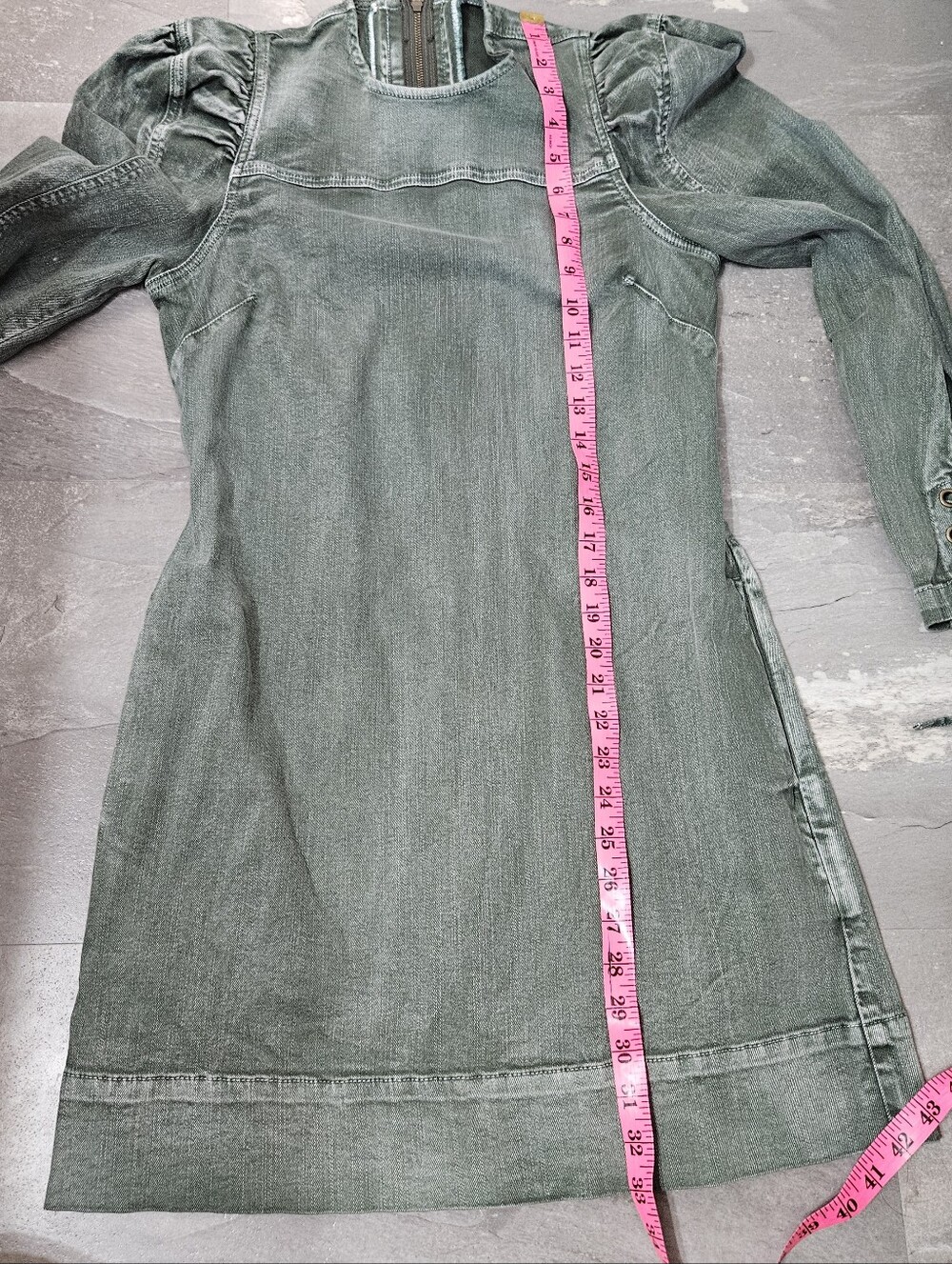 Ulla Johnson Washed Sage Green 3/4 Sleeve Denim Mini Dress with Lace-Up Cuffs - Picture 10 of 10